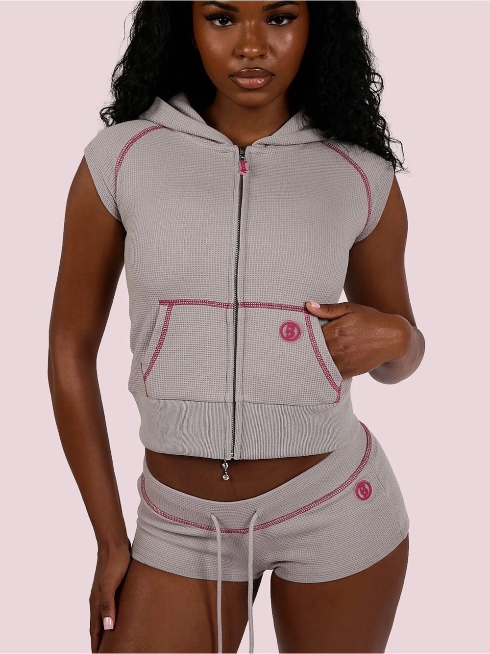 Waffle Knit Sleeveless Hoodie & Short Set - Light Gray with Pink Stitching
